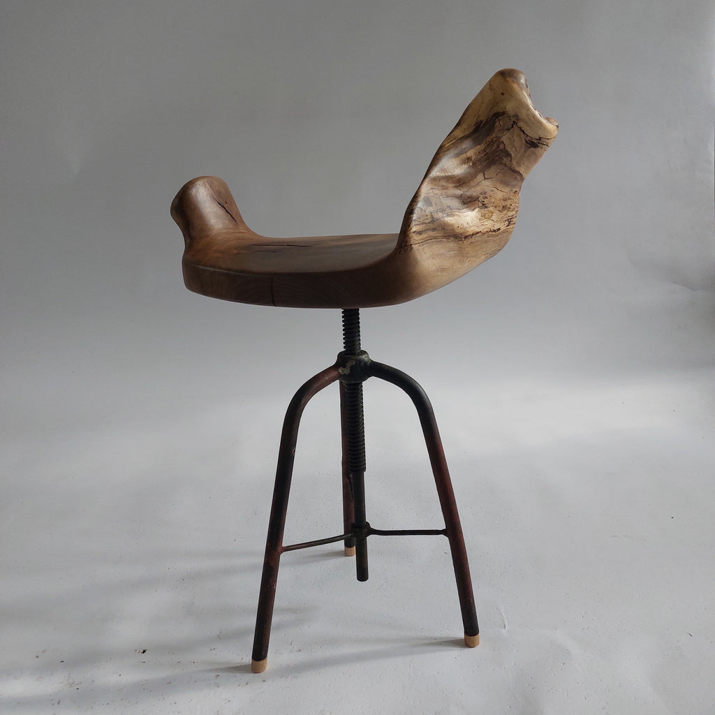 Walnut & Stool — Hand Carved Solid Walnut Seat on Vintage Industrial Swivel Base