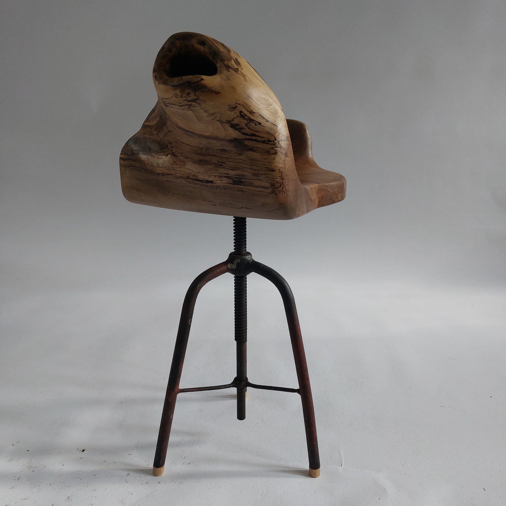 Walnut & Stool — Hand Carved Solid Walnut Seat on Vintage Industrial Swivel Base