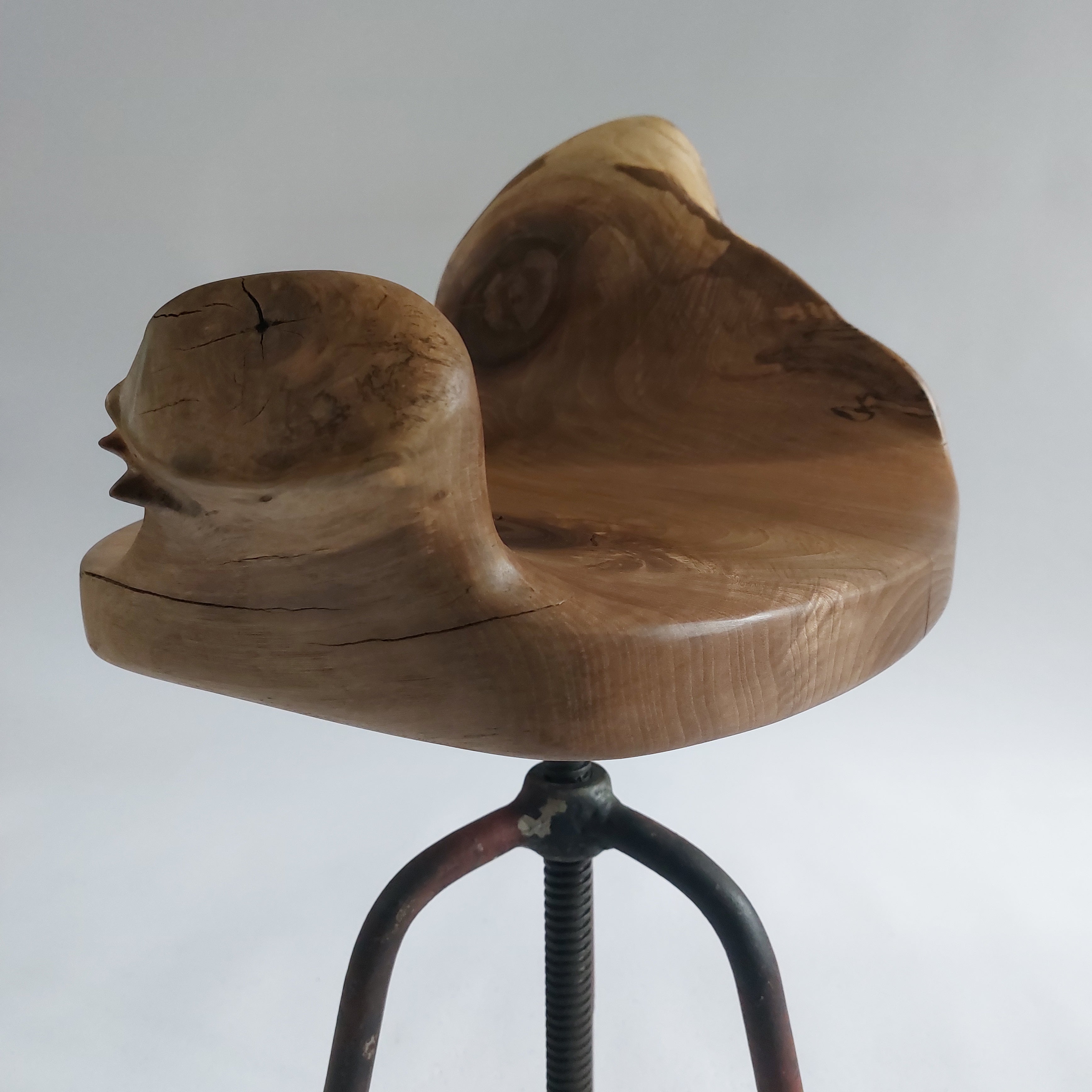 Walnut & Stool — Hand Carved Solid Walnut Seat on Vintage Industrial Swivel Base
