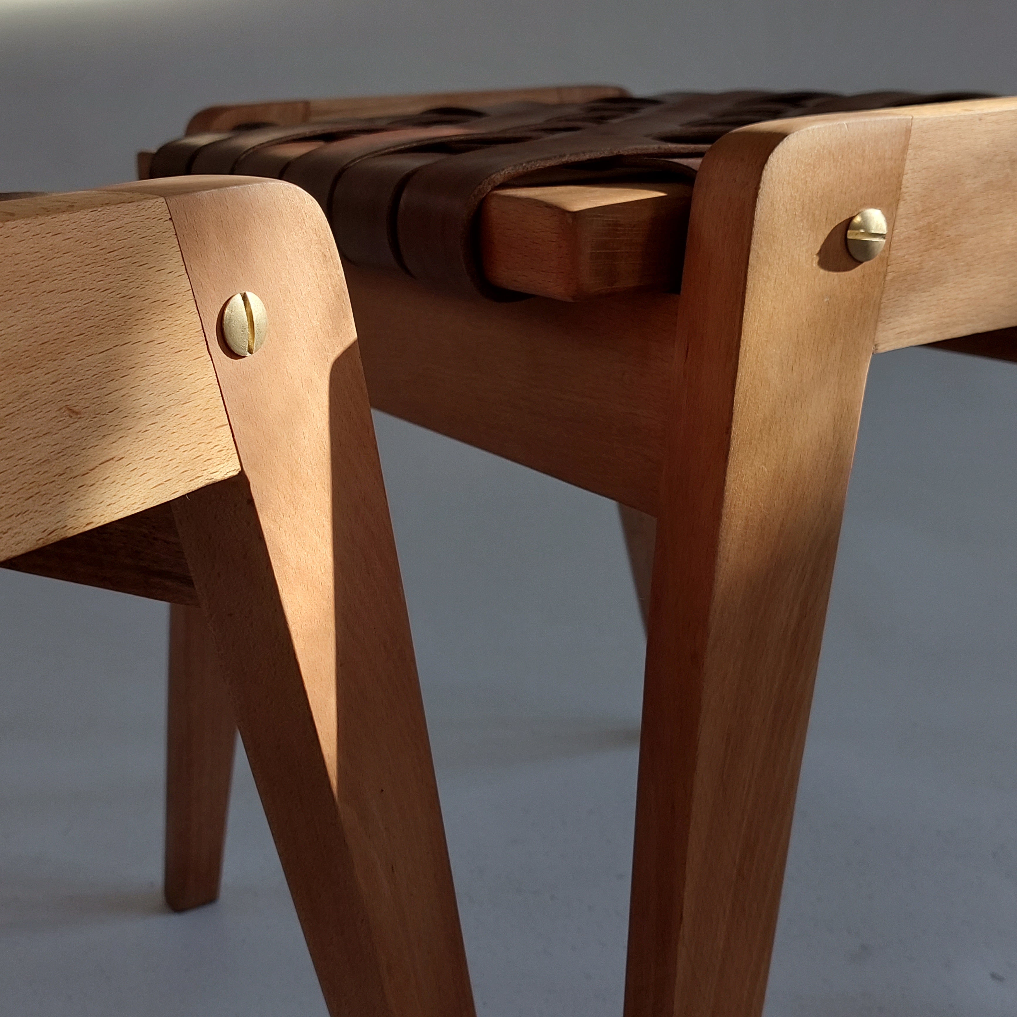 Chocolate Belt Stool — Handwoven Leather Seat