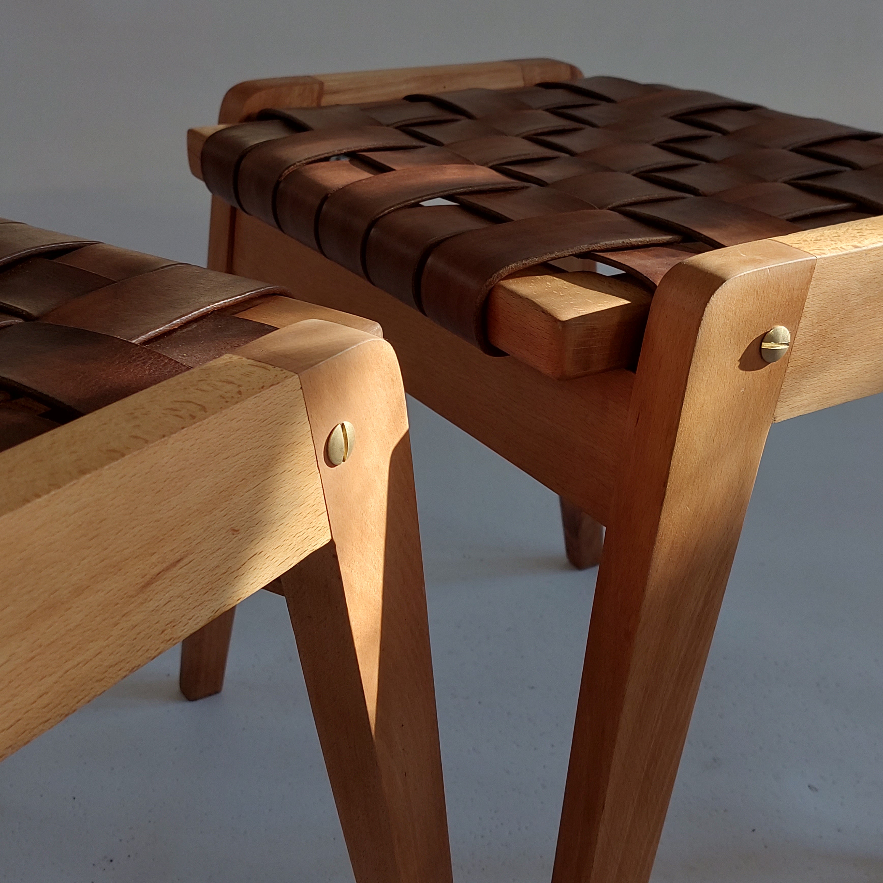 Chocolate Belt Stool — Handwoven Leather Seat
