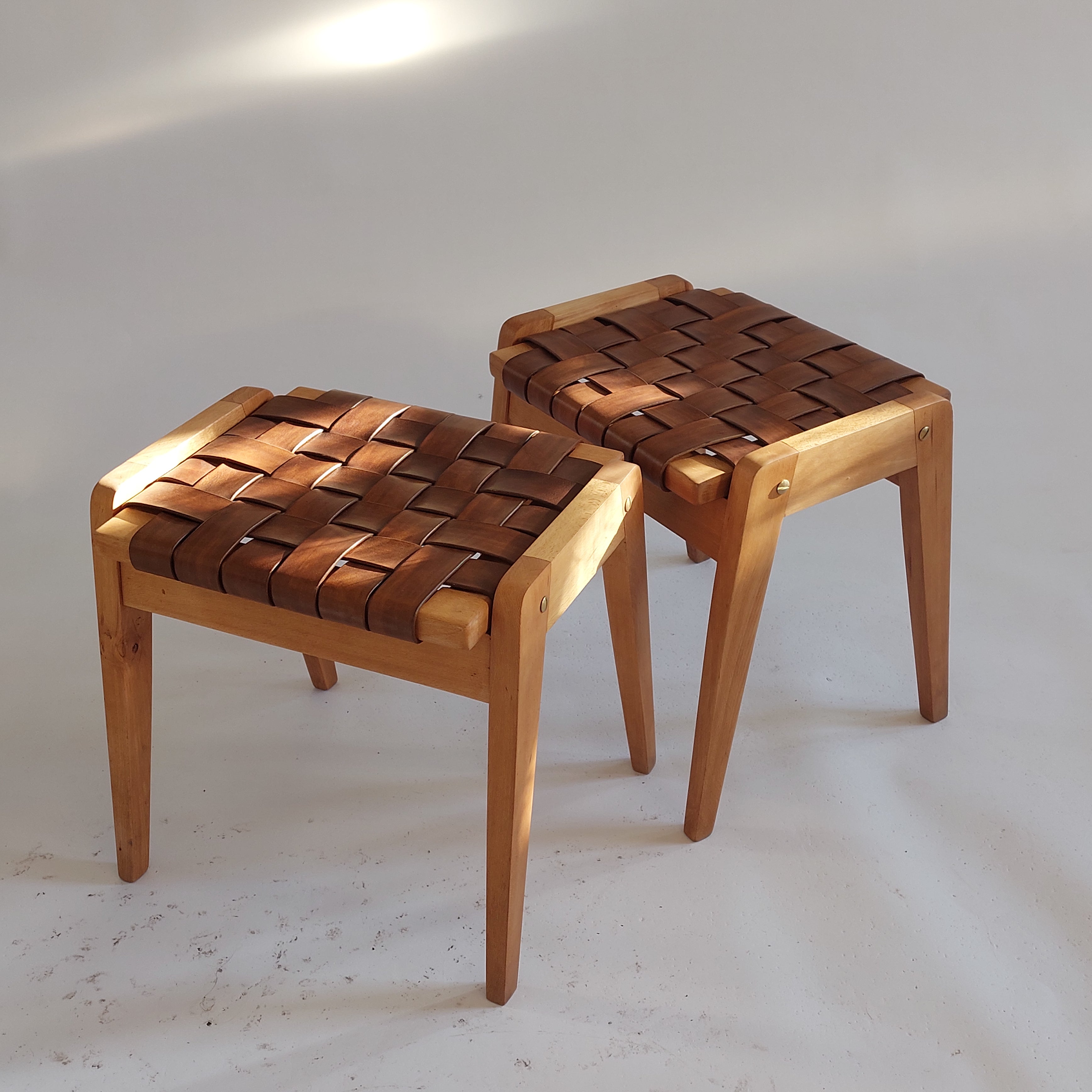 Chocolate Belt Stool — Handwoven Leather Seat