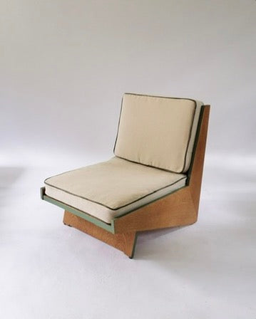 Lounge Chair – Sculptural Reinvented Wood Base & Beige Upholstered Cushions