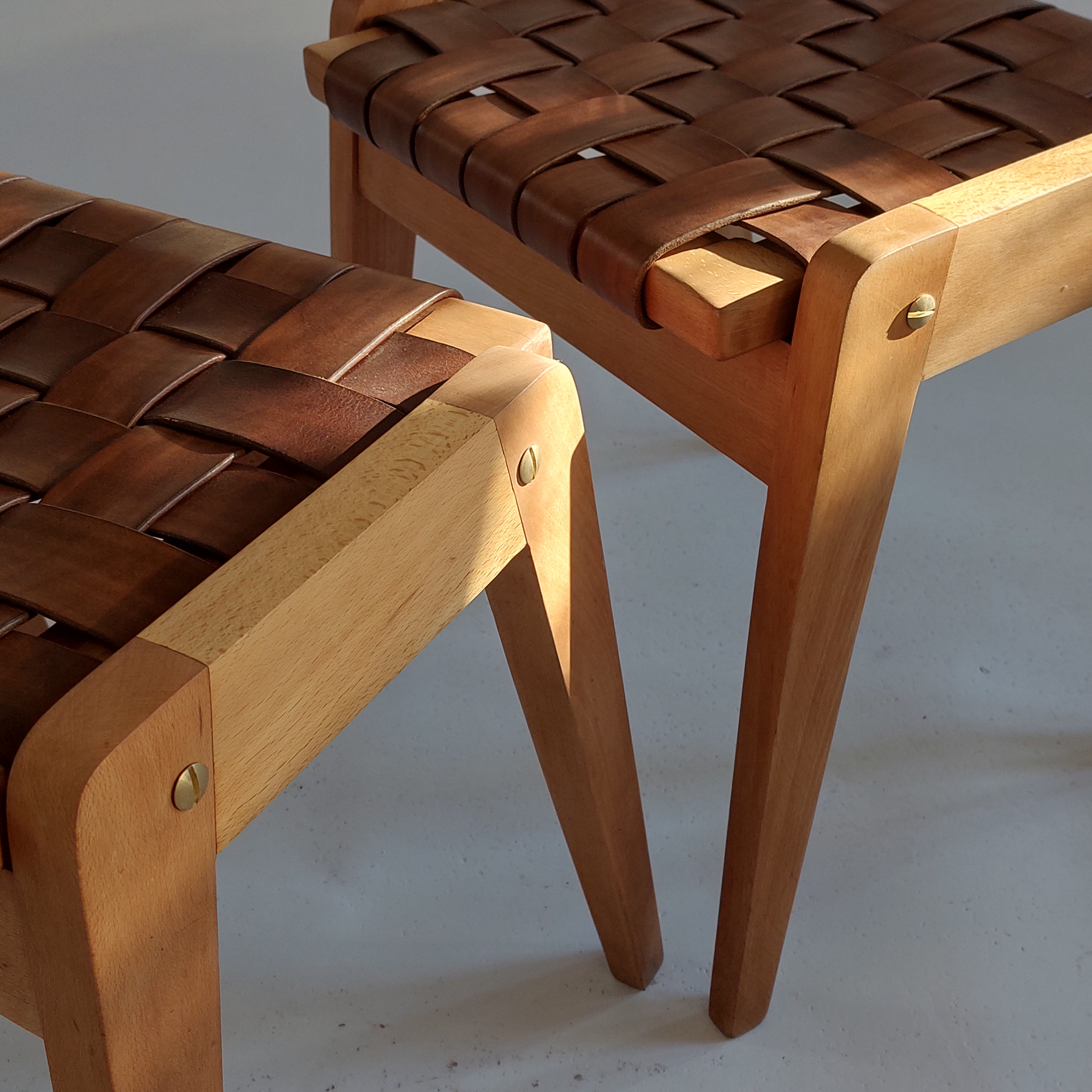 Chocolate Belt Stool — Handwoven Leather Seat