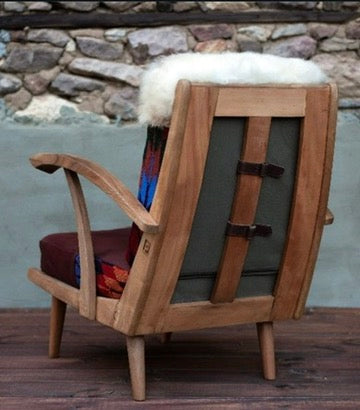 Rhodope Lounge Armchair #1 – Vintage Base, Kilim & Burgundy Upholstery