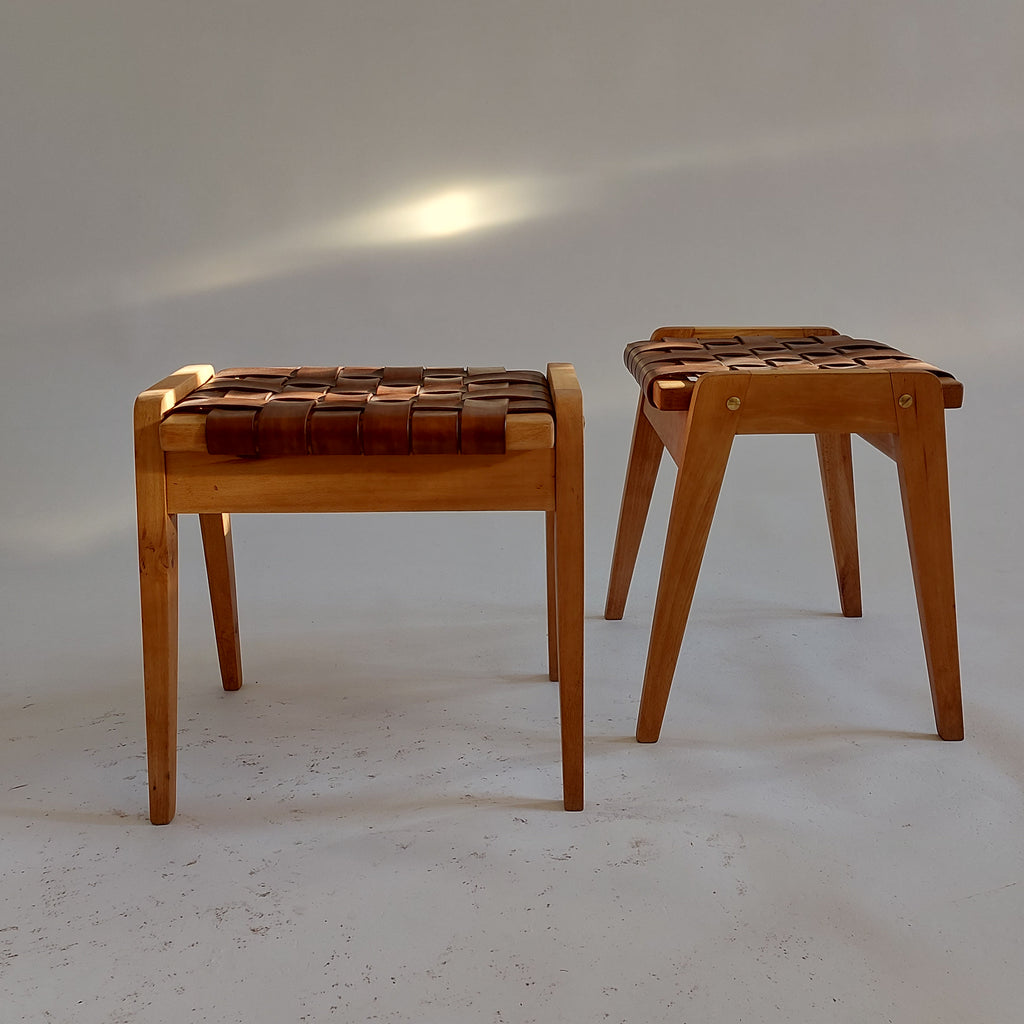 Chocolate Belt Stool — Handwoven Leather Seat