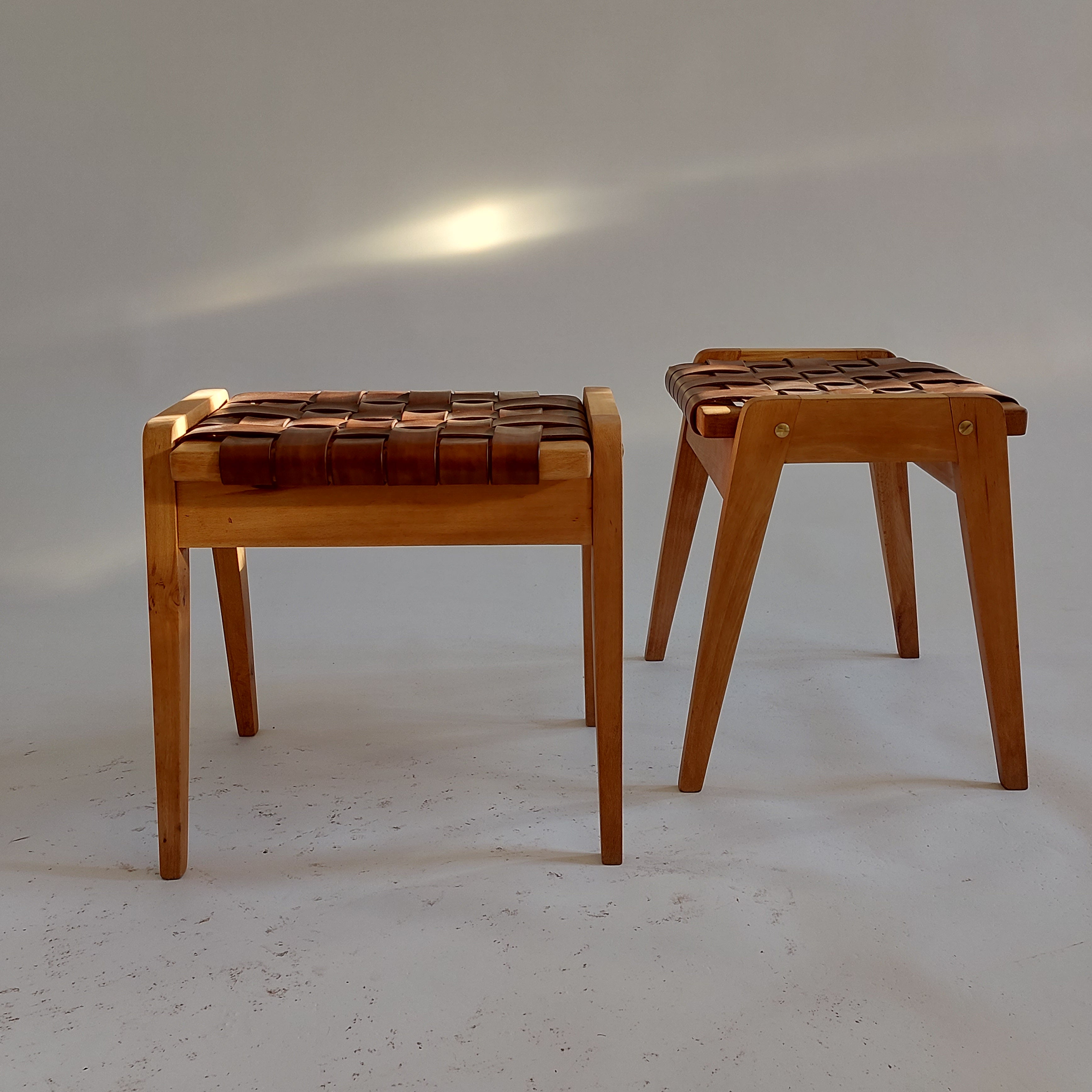 Chocolate Belt Stool — Handwoven Leather Seat