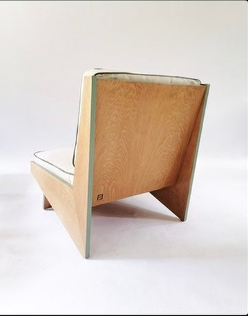 Lounge Chair – Sculptural Reinvented Wood Base & Beige Upholstered Cushions