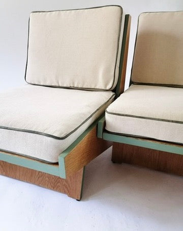 Lounge Chair – Sculptural Reinvented Wood Base & Beige Upholstered Cushions