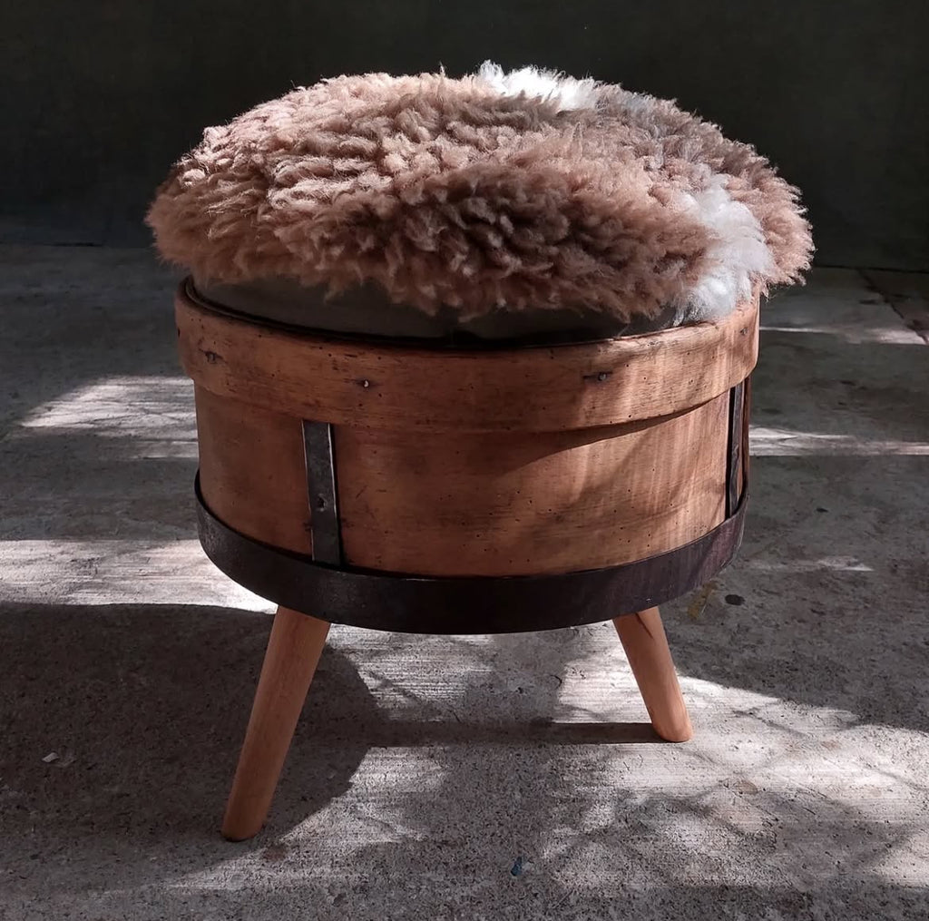 Rustic Sheepskin Stool – Handcrafted Reclaimed Wood Accent Ottoman with Cone Legs