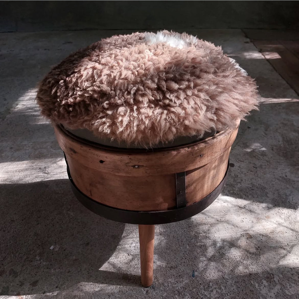 Rustic Sheepskin Stool – Handcrafted Reclaimed Wood Accent Ottoman with Cone Legs