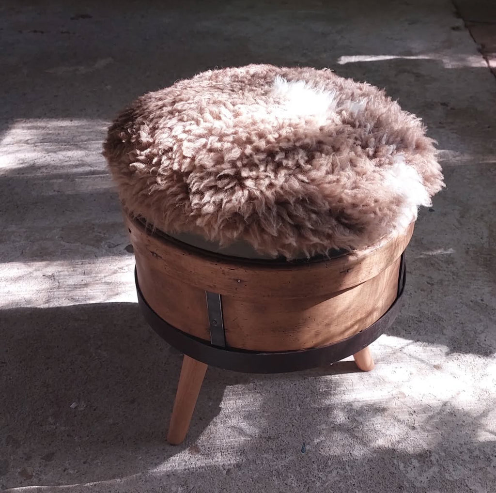 Rustic Sheepskin Stool – Handcrafted Reclaimed Wood Accent Ottoman with Cone Legs
