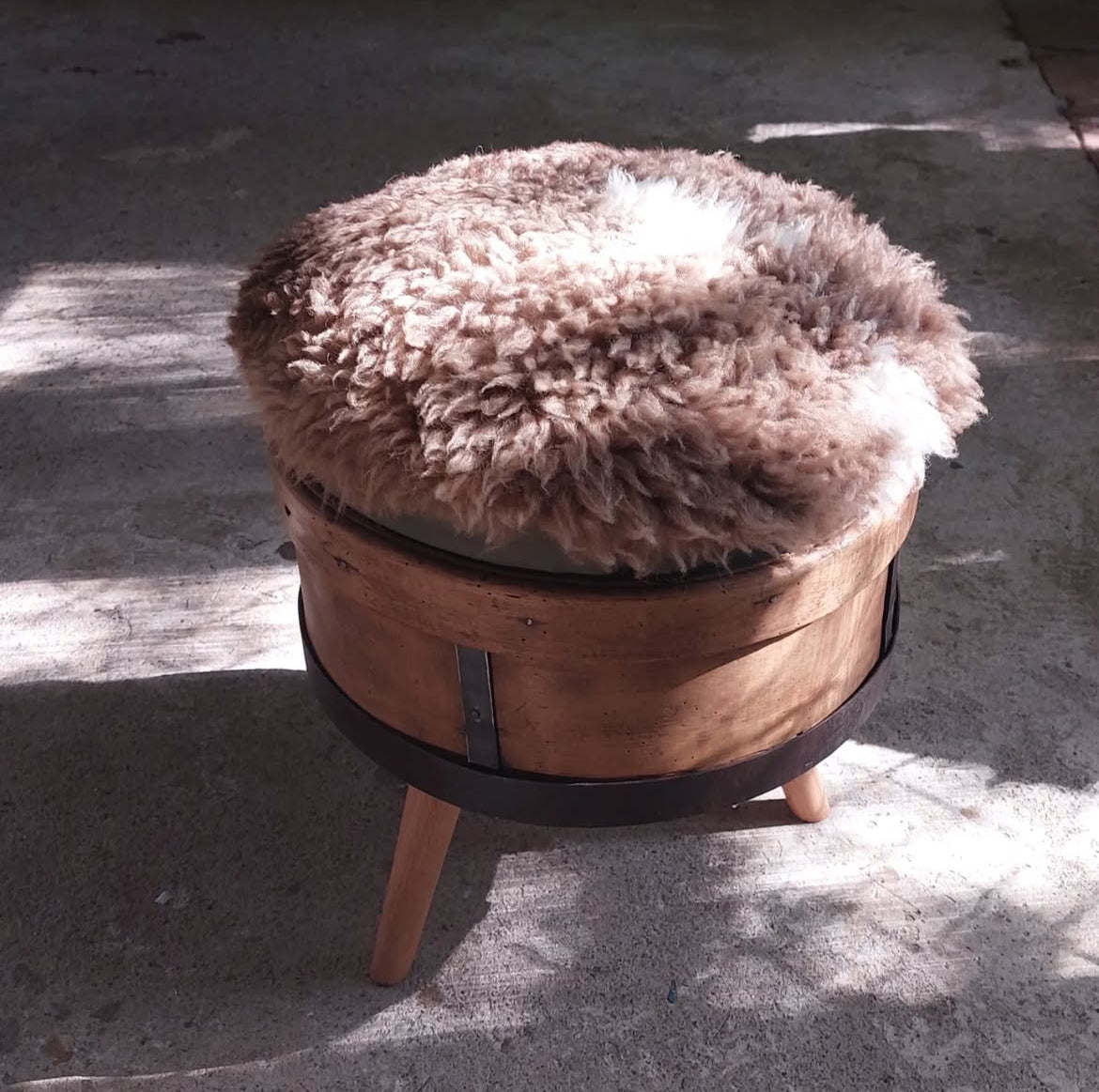 Rustic Sheepskin Stool – Handcrafted Reclaimed Wood Accent Ottoman with Cone Legs