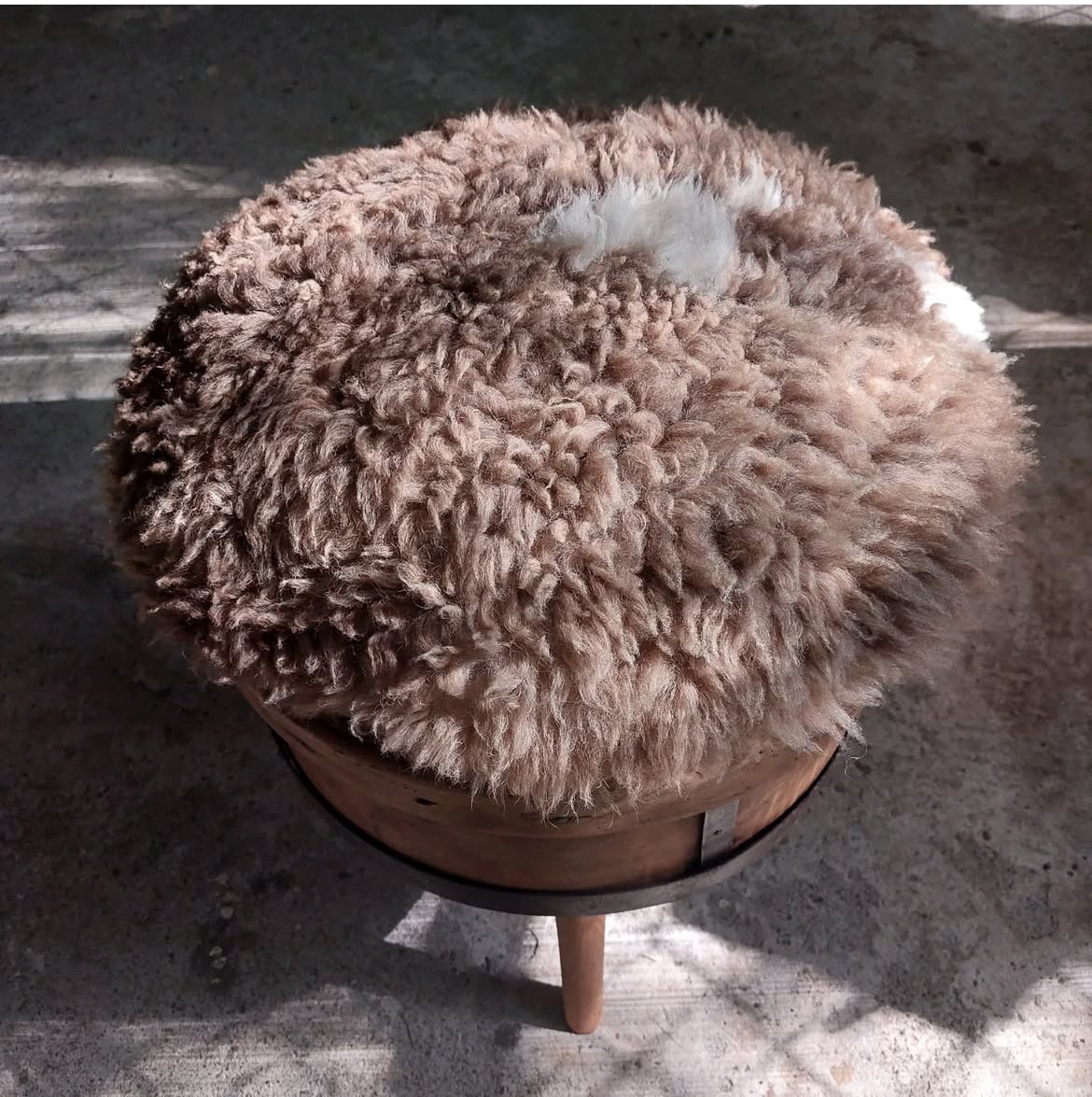 Rustic Sheepskin Stool – Handcrafted Reclaimed Wood Accent Ottoman with Cone Legs